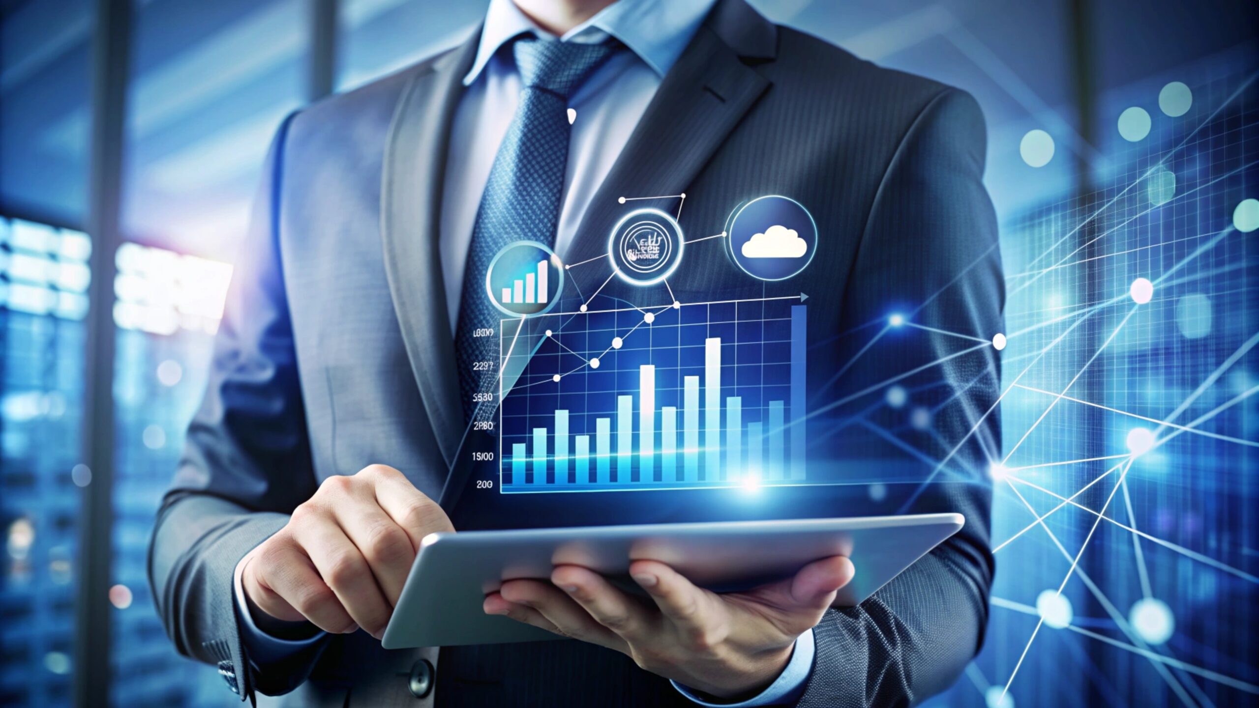 Businessman using tablet with digital graphics.